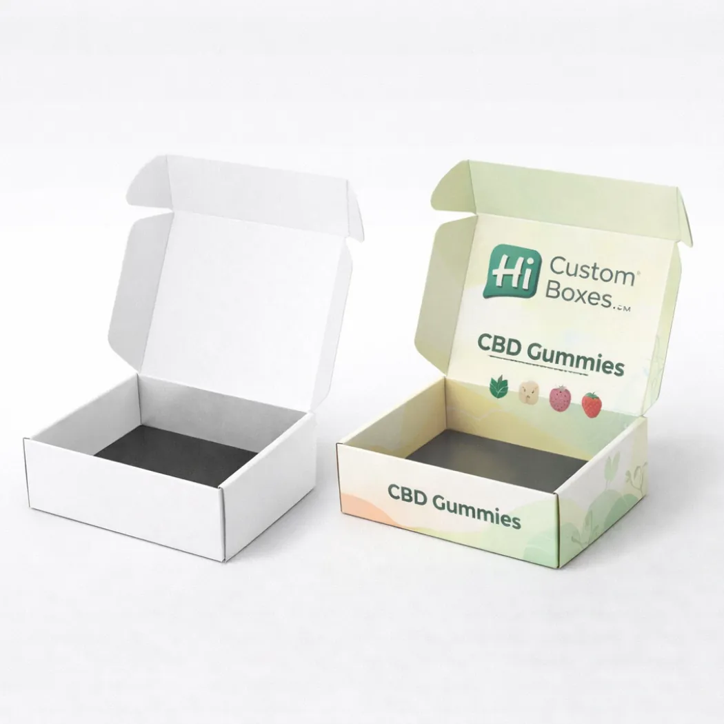 Two sturdy tuck-end boxes- one blank and one featuring a modern geometric design with branding- class=